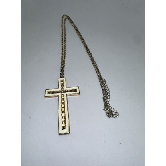 Cross Necklace Vtg White Enamel Gold Tone Rope Chain 28” - Picture 7 of 8